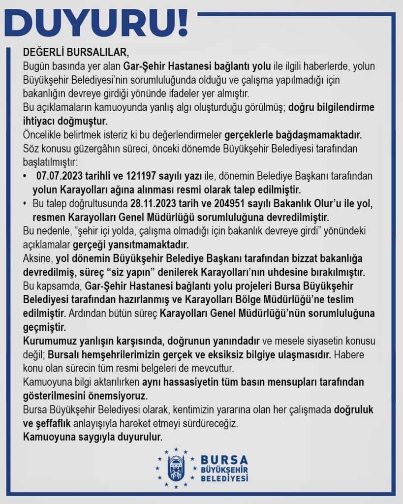 Büyükşehir Belediyesi’nden “Gar – Şehir Hastanesi Bağlantı Yolu” Açıklaması