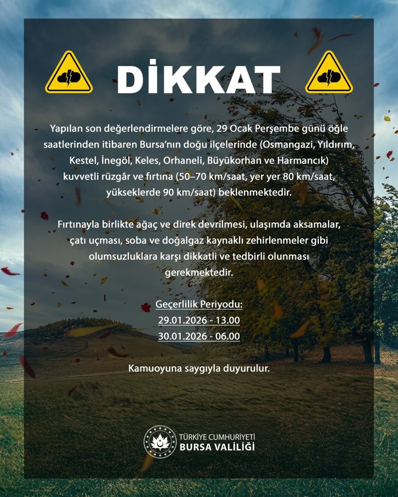 Bursa Valiliği’nden Kuvvetli Fırtına Uyarısı