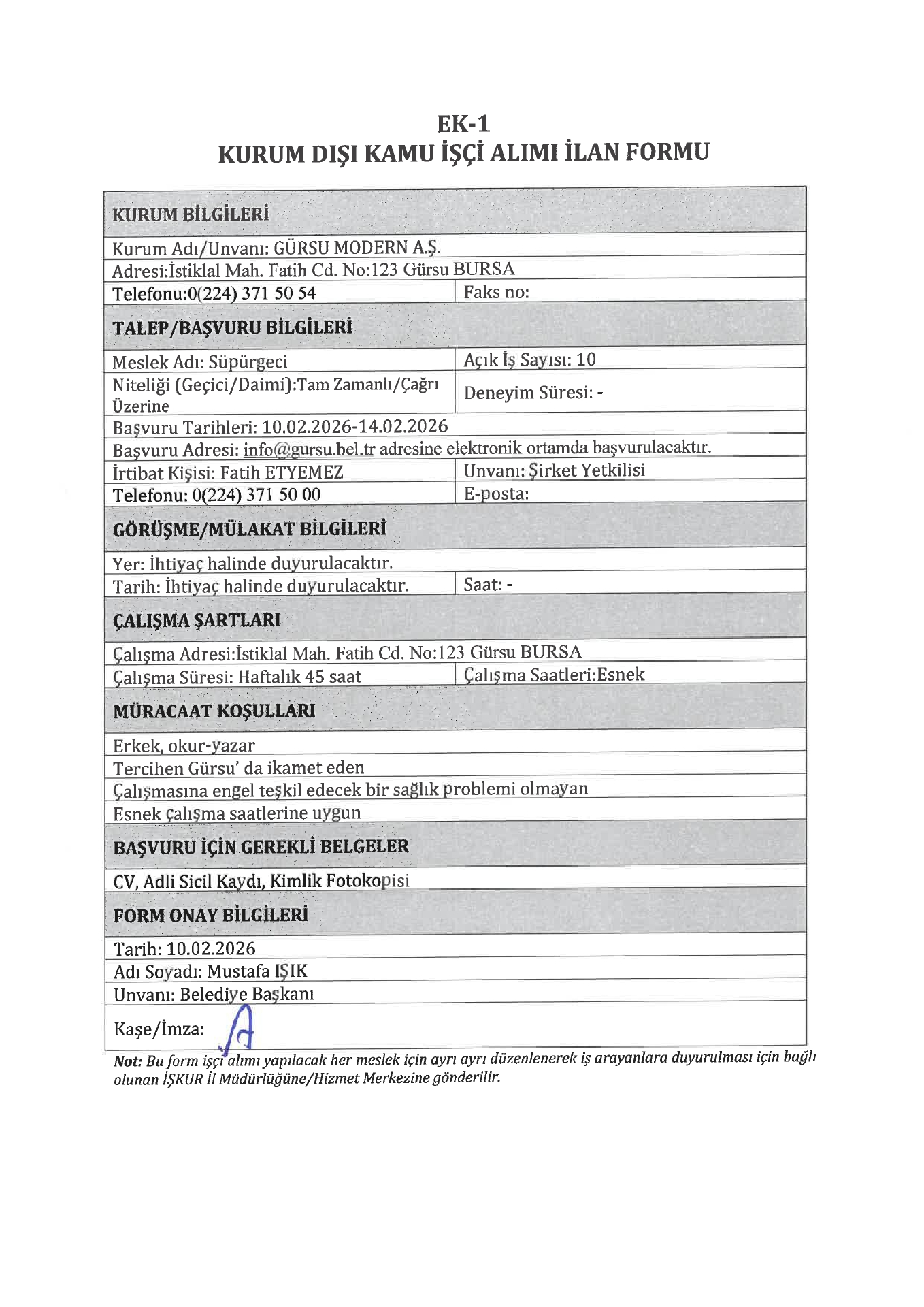 Bursa Gürsu Modern 20 İşçi Alacak