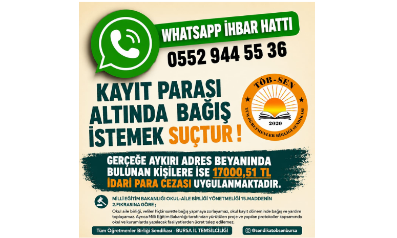 Bursa’da Okullarda Kayıt Parası İsyanı… TÖBSEN Veliler İçin WhatsApp İhbar Hattı Kurdu