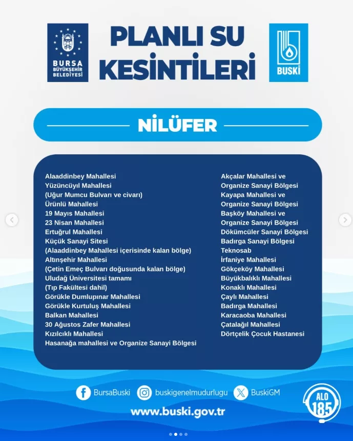 BUSKİ: Nilüfer, Mudanya ve Karacabey'in bazı bölgelerinde su kesintisi uygulanacak